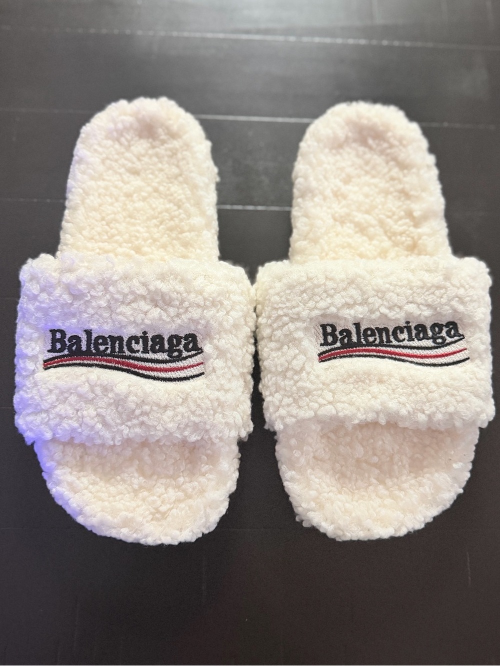 Balenciaga Cream Sherpa Slide Slippers with Embroidered Logo